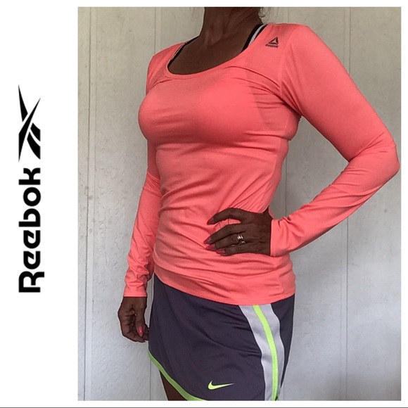 REEBOK LONG SLEEVE NEON ORANGE  PERFORMANCE TEE XS - Picture 2 of 6